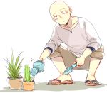  1boy bald cactus doudoude_dou gardening male_focus one-punch_man plant potted_plant saitama_(one-punch_man) sandals solo squatting trowel watering watering_can 