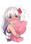  blue_eyes embarrassed flower flower_ornament hair_flower hair_ornament kantai_collection one-piece_swimsuit one-piece_tan pillow ro-500_(kantai_collection) school_uniform silver_hair swimsuit tanline 