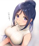  1girl blue_hair blush breasts commentary_request eyebrows eyebrows_visible_through_hair food large_breasts long_hair looking_at_viewer love_live! love_live!_sunshine!! matsuura_kanan minyon mouth_hold pocky ponytail ribbed_sweater smile solo sweater translation_request violet_eyes 