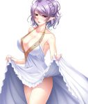  1girl aikawa_arisa bare_shoulders blush breasts cleavage dress female helene helene_(taimanin_asagi) large_breasts long_hair looking_at_viewer open_mouth pointy_ears purple_hair shiny shiny_skin smile solo standing taimanin_asagi taimanin_asagi_battle_arena violet_eyes white_hair 