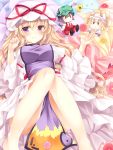  1girl ajiriko animal_ears arm_garter barefoot blonde_hair blush breasts cat_ears cat_tail character_doll chen closed_mouth dress flower fox_tail hat hat_ribbon juliet_sleeves knees_together_feet_apart kyuubi large_breasts long_hair long_sleeves looking_at_viewer lying mob_cap multiple_tails on_back on_bed pillow pillow_hat puffy_sleeves ribbon smile solo tabard tail touhou two_tails violet_eyes white_dress wide_sleeves yakumo_ran yakumo_yukari 