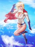  1girl audia_pahlevi blonde_hair blue_sky boots breasts cape cleavage cleavage_cutout clouds dc_comics flying gloves kryptonian leotard midair power_girl red_cape short_hair sky solo superman_(series) 