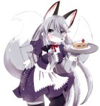  1girl artist_request breasts cake dress female food fox furry grey_hair long_hair maid maid_clothing solo two_tails violet_eyes white_background 
