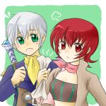  1boy 1girl aqua_background breasts green_eyes grey_hair iria_animi jacket open_mouth red_eyes redhead ruca_milda scarf short_hair sword tales_of_(series) tales_of_innocence weapon 