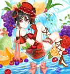  1girl black_hair chorin_(yl) female food garters gloves high_heels idol love_live!_school_idol_project odango red_eyes short_hair shorts skirt smile solo water yazawa_nico 