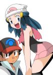  1boy 1girl blue_eyes blue_hair breasts female hainchu hikari_(pokemon) long_hair nintendo pokemon pokemon_(anime) satoshi_(pokemon) skirt 