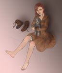  1girl bandage barefoot boots diana_(rule_of_rose) doll dress feet holding looking_at_viewer parted_lips redhead rule_of_rose shoes_removed sitting smile solo striped_dress 