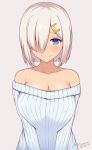  1girl blue_eyes blush breasts collarbone erect_nipples grey_background hair_ornament hair_over_one_eye hairclip hamakaze_(kantai_collection) kantai_collection kuavera large_breasts light_smile looking_at_viewer off-shoulder_sweater off_shoulder ribbed_sweater silver_hair simple_background sweater v_arms 