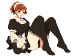  1girl ai-wa alternate_costume black_legwear black_panties brown_hair female_protagonist_(persona_3) knees_up maid maid_headdress panties persona persona_3 persona_3_portable reclining sitting solo thigh-highs underwear 