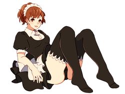  1girl ai-wa alternate_costume black_legwear black_panties brown_hair female_protagonist_(persona_3) knees_up maid maid_headdress panties persona persona_3 persona_3_portable reclining sitting solo thigh-highs underwear 