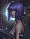  1girl breasts chubymi cyborg ghost_in_the_shell glowing glowing_eyes kusanagi_motoko lipstick looking_at_viewer makeup purple_hair purple_lipstick solo upper_body violet_eyes wire 