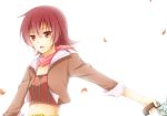  1girl belt gun iria_animi jacket midriff open_mouth red_eyes redhead scarf short_hair solo tales_of_(series) tales_of_innocence weapon 