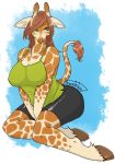  1girl artist_request breasts brown_hair female full_body furry giraffe green_eyes long_hair sitting solo white_background 