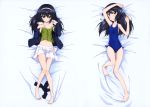  1girl absurdres arm_above_head armpits barefoot bed_sheet black_hair black_legwear blue_swimsuit breasts brown_eyes casual_one-piece_swimsuit collarbone covered_navel dakimakura eyebrows eyebrows_visible_through_hair from_above full_body girls_und_panzer green_shirt hair_between_eyes hairband highres jacket long_hair lying multiple_views official_art on_back one-piece_swimsuit open_clothes open_jacket open_skirt pleated_skirt reizei_mako shirt skirt small_breasts socks_removed swimsuit white_hairband white_skirt 