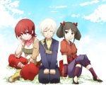  1boy 2girls belt black_hair breasts brown_eyes chitose_cxarma closed_eyes iria_animi jacket midriff multiple_girls open_mouth pants red_eyes redhead ribbon ruca_milda scarf shoes short_hair smile socks tales_of_(series) tales_of_innocence twintails white_hair 