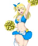  1girl blonde_hair breasts cheerleader fairy_tail hair_ribbon large_breasts lucy_heartfilia open_mouth pom_poms ribbon skirt smile 