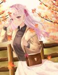  1girl absurdres autumn_leaves bangs blush breasts coat contemporary earrings fate/grand_order fate_(series) hair_ribbon highres jewelry kama_(fate) large_breasts leaf long_hair looking_at_viewer maple_leaf red_eyes ribbon silver_hair smile solo soukoku 