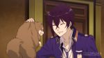  1boy angry black_hair brown_fur dance_with_devils dog door grabbing jacket loewen long_sleeves natsumezaka_shiki necktie pomeranian_(dog) roen school_uniform screencap smile solo 