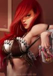  1girl breasts cleavage cup drinking_glass hair_over_one_eye jewelry karl_liversidge league_of_legends long_nails looking_at_viewer nail_polish redhead ring sarah_fortune solo tattoo upper_body 