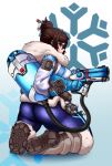  1girl ass boots brown_hair coat from_behind fur_coat fur_trim glasses gun hair_bun hair_ornament hood kasu-pan kneeling looking_at_viewer looking_back mei_(overwatch) overwatch solo thick_thighs tight_pants weapon winter_clothes 