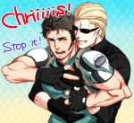  2boys albert_wesker blonde_hair blush brown_hair chris_redfield glasses hug kasutera male_focus multiple_boys muscle pecs resident_evil short_hair tagme yaoi 