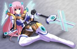  1girl blue_eyes bodysuit breasts broken broken_sword broken_weapon cleavage divine_heart_makina female highres kurusu_makina large_breasts long_hair looking_at_viewer mecha_musume mechanical_wings panties pink_hair science_fiction solo sword underwear very_long_hair weapon wings yakkey 