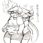  2girls artist_request belly_grab blush closed_eyes fangs fat inkling monochrome multiple_girls navel simple_background splatoon thick_thighs translation_request 