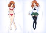  1girl absurdres bed_sheet bikini black_legwear breasts brown_eyes brown_hair cleavage collarbone dakimakura from_above full_body girls_und_panzer glasses glasses_removed green_skirt highres long_hair looking_at_viewer medium_breasts multiple_views navel official_art pleated_skirt red_bikini school_uniform serafuku shirt side-tie_bikini skirt smile swimsuit takebe_saori thigh-highs white_shirt zettai_ryouiki 