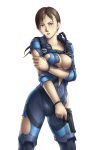  1girl blue_eyes blush bodysuit breast_squeeze breasts brown_hair cleavage female gun highres jill_valentine large_breasts legs long_hair looking_at_viewer open_clothes ponytail resident_evil resident_evil_revelations simple_background solo standing sweat thighs thor_(deep_rising) torn_clothes unzipped weapon white_background zipper 