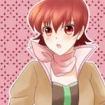  1girl blush breasts iria_animi jacket open_mouth red_eyes redhead scarf short_hair solo tales_of_(series) tales_of_innocence 