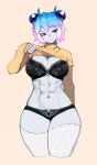  1girl abs black_bra black_panties bra breasts cleavage curvy navel original pale_skin panties short_hair solo stomach sweater taikodon thigh-highs toned turtleneck two-tone_hair underwear upper_body wide_hips 