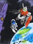  damaged earth gm_(mobile_suit) gun gundam mecha mobile_suit_gundam nanasi-g pilot_suit planet salamis_(gundam) shield space space_craft weapon 