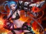  1girl blue_hair braid breasts bullet cannon duong_tich_vi evil_grin evil_smile fire grin gun jinx_(league_of_legends) league_of_legends looking_at_viewer navel red_eyes short_shorts shorts small_breasts smile solo stomach weapon 