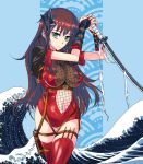  1girl breasts brown_hair fishnets katana large_breasts long_hair ninja shuriken sword weapon 