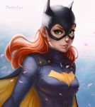  1girl barbara_gordon batgirl batman_(series) brown_hair cape dandon_fuga dc_comics emblem green_eyes looking_at_viewer mask parted_lips petals solo zipper 