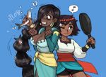  2girls ajna_(indivisible) animal dark_skin fish frying_pan indivisible multiple_girls musical_note spoken_musical_note tagme thorani_(indivisible) 