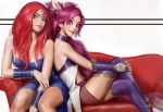  2girls alternate_costume alternate_hair_color breasts jinx_(league_of_legends) league_of_legends lipstick magical_girl multiple_girls redhead short_shorts shorts sitting sona_buvelle star_guardian_jinx thigh-highs twintails 