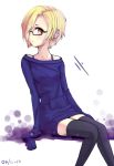  1girl arm_support bespectacled blonde_hair earrings glasses idolmaster idolmaster_cinderella_girls ili jewelry looking_at_viewer red_eyes shirasaka_koume short_hair simple_background sitting solo thigh-highs zettai_ryouiki 