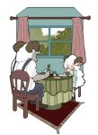  1boy androgynous artist_request closed_eyes dinner eating flat_color furry indoors nature plant sheep white_hair window 