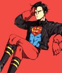  1boy black_hair blue_eyes bodysuit boots dc_comics doudoude_dou earrings gloves jacket jewelry kon-el legs_crossed male_focus s_shield short_hair simple_background solo superboy 