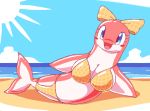  1girl artist_request beach bikini blue_eyes breasts dolphin female full_body furry ocean open_mouth outdoors sky solo swimsuit 