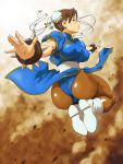  1girl absurdres ass blue_dress blush boots bracelet breasts brown_eyes brown_hair china_dress chinese_clothes chun-li dress female highres jewelry noq pantyhose pelvic_curtain serious solo spiked_bracelet spikes street_fighter thighs 