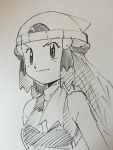  1girl female gradient gradient_background hainchu hikari_(pokemon) long_hair monochrome nintendo pokemon sketch solo traditional_media 