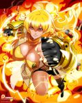  1girl ahoge bike_shorts blonde_hair boots breasts bridal_gauntlets brown_eyes bullet_shells cleavage cyberunique electricity explosion female fingerless_gloves fire gloves large_breasts looking_at_viewer perspective rwby scarf solo yang_xiao_long 