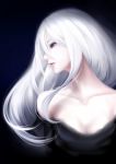  1girl bangs bare_shoulders black_background blue_eyes breasts cleavage closed_mouth dress erise eyelashes hair_between_eyes lips long_hair looking_away off-shoulder_dress off_shoulder original profile small_breasts solo upper_body white_hair 