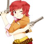  1girl belt gun iria_animi jacket midriff one_eye_closed open_mouth pants red_eyes redhead short_hair solo tales_of_(series) tales_of_innocence torn_clothes weapon 