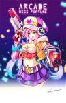  1girl aiming_at_viewer alternate_costume arcade_(league_of_legends) belt breasts bubble_blowing bubblegum cleavage dual_wielding gun hat heart hood hoodie league_of_legends looking_at_viewer midriff moonblue nail_polish navel pink_hair sarah_fortune skirt sleeveless solo star stomach weapon 