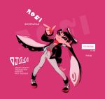  +_+ 1girl alternate_costume aori_(splatoon) black_hair black_jacket bow dated domino_mask earrings eyebrows finger_gun full_body hair_bow highres jacket jewelry long_hair looking_at_viewer mask mole mole_under_eye one_eye_closed open_clothes open_jacket pants pink pink_eyes pointy_ears seto_(asils) shirt simple_background splatoon symbol-shaped_pupils t-shirt tentacle tentacle_hair thick_eyebrows white_pants 