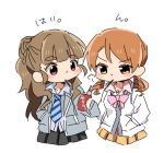  2girls bow bowtie brown_eyes brown_hair chibi comic commentary_request drill_hair eating eyebrows flying_sweatdrops food hands_in_pockets houjou_karen idolmaster idolmaster_cinderella_girls iwashi_(ankh) kamiya_nao long_hair looking_at_another low_twintails multiple_girls necktie pocky ponytail school_uniform sketch striped striped_necktie thick_eyebrows translated twintails yellow_eyes 