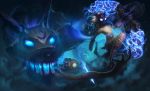  1girl absurdres aura blue_fire dgatrick fangs fire furry glowing glowing_eyes highres kindred lamb_(league_of_legends) league_of_legends monster wolf_(league_of_legends) 